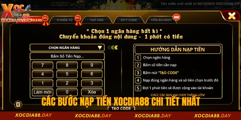 Nạp tiền Xocdia88 1 Các bước nạp tiền Xocdia88 chi tiết nhất